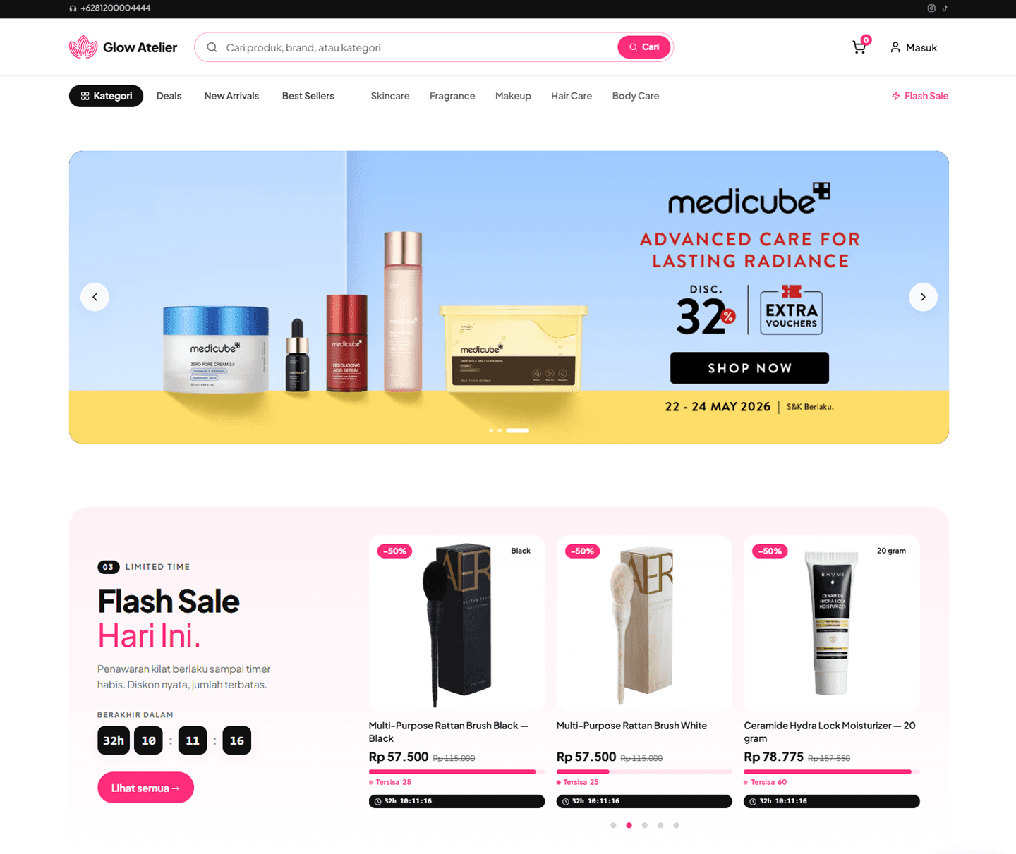 OnlineStoreKu storefront — toko Glow Atelier dengan banner promo, flash sale, dan katalog produk siap jualan